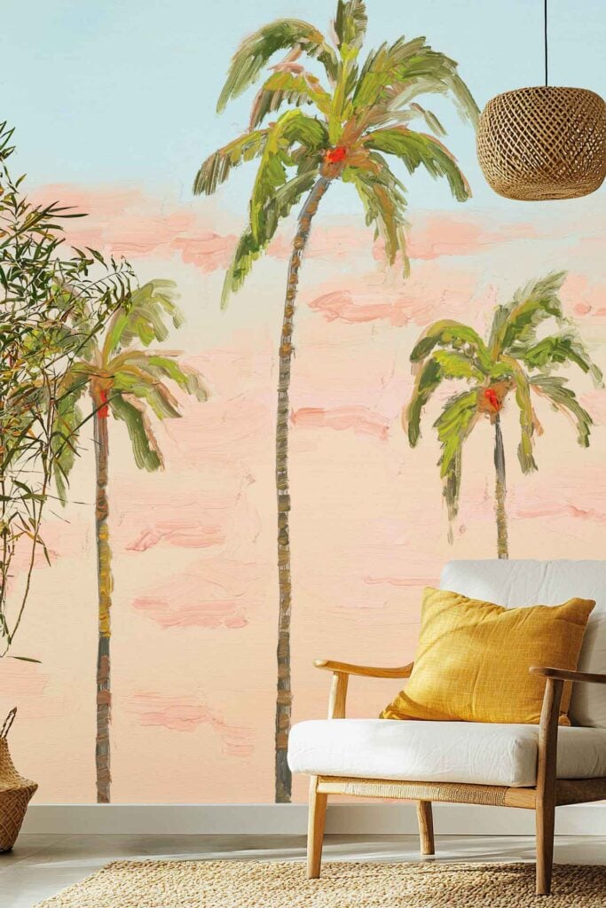Wall mural features painted palm trees set against a pastel pink and blue sky, creating a tropical atmosphere with soft, dreamy colors.