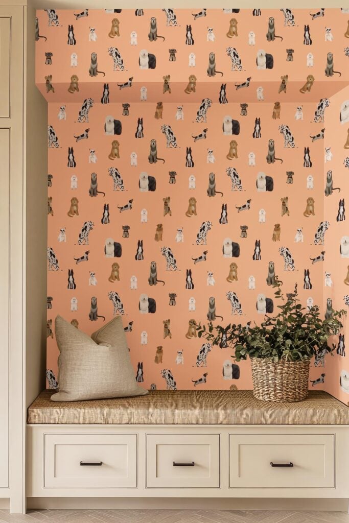 Playful dog-patterned wallpaper in shades of peach, tan, white, and brown decorates the wall, featuring lively dog illustrations and whimsical designs.