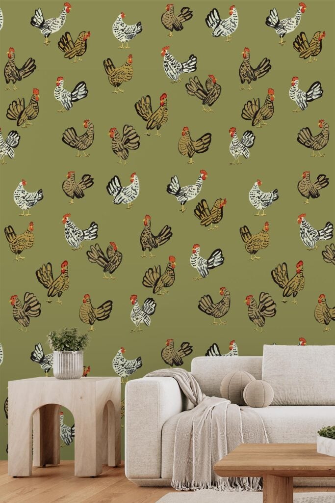 Patterned green wallpaper displaying hens and birds, including Hadedas, in flight. Features various colors and poses among repeated bird illustrations.