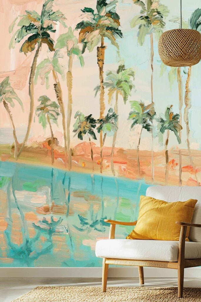 The wallpaper features a colorful mural of tall palm trees reflected in water, with pastel pink, blue, and green shades creating a tropical oasis vibe.
