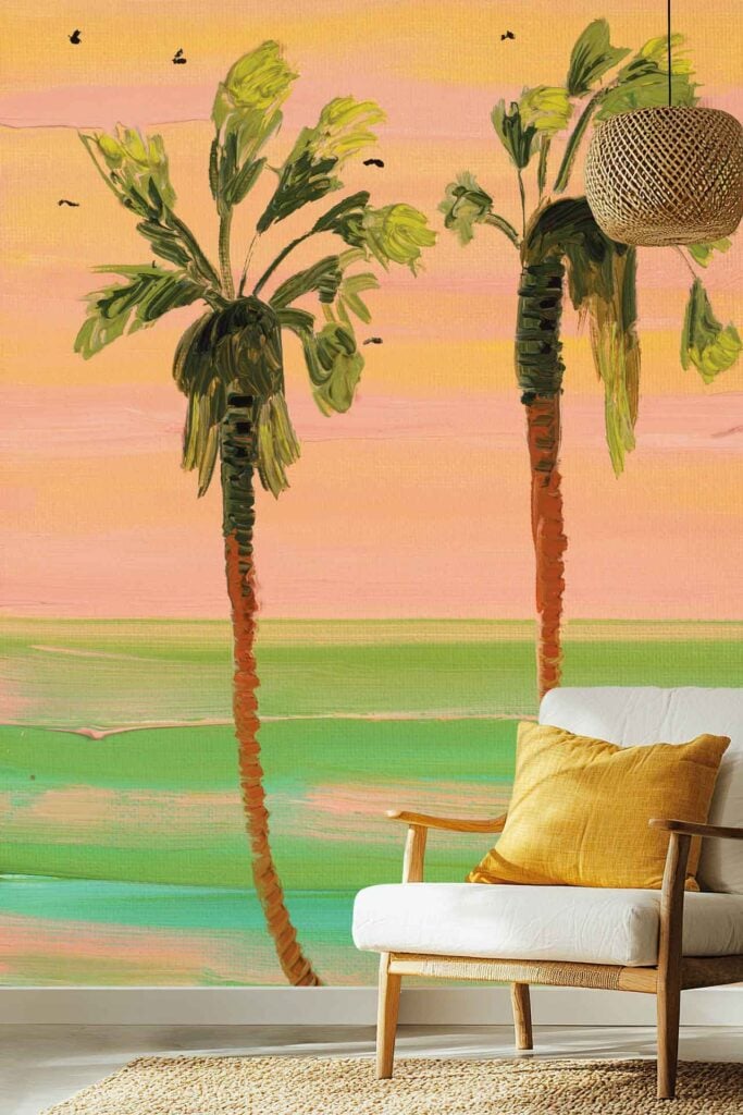 Painted mural wallpaper with two tall palm trees, green ocean, Hadedas birds in flight, and a peach-pink sunset sky.