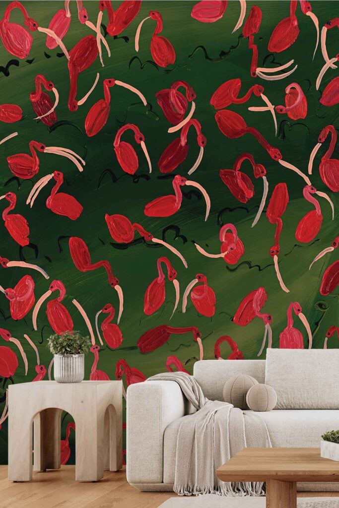 Bold wallpaper with an abstract, artistic pattern of painterly Hadeda birds in flight. The birds are red with curved pink beaks and set against a dark green background.