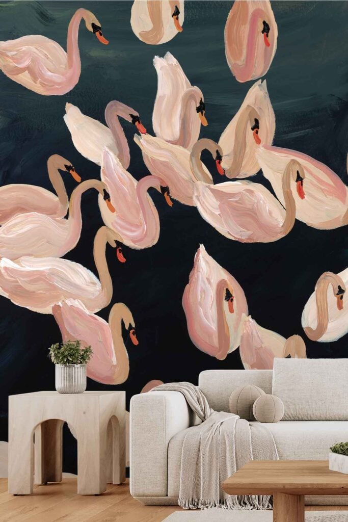 The wallpaper displays painterly pink swans and Hadedas in flight, featuring curved necks on a dark background. The mural is striking and artistic, with prominent elements of pink, black, and bird imagery.