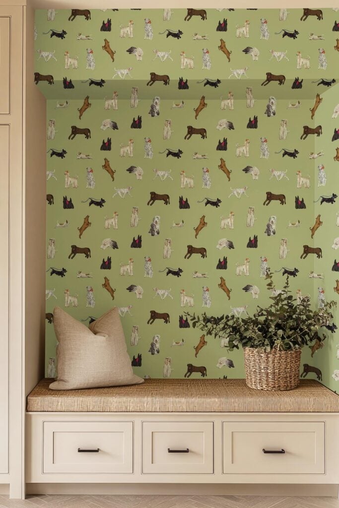 Green "Roam Sheepdog & Co" wallpaper with playful illustrations of various dog breeds in different poses; features multiple colors and whimsical canine designs.