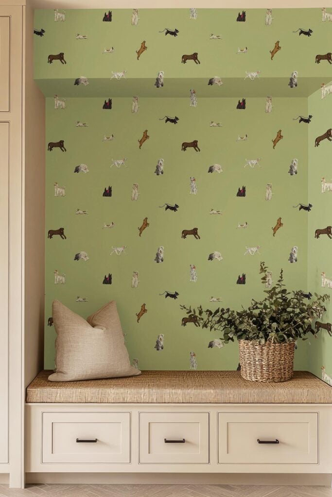Green wallpaper patterned with various dog illustrations, including playful Vizslas, decorates the nook's wall. The wallpaper features multiple dog breeds in dynamic poses, rendered in earthy tones and set against a fresh green background.