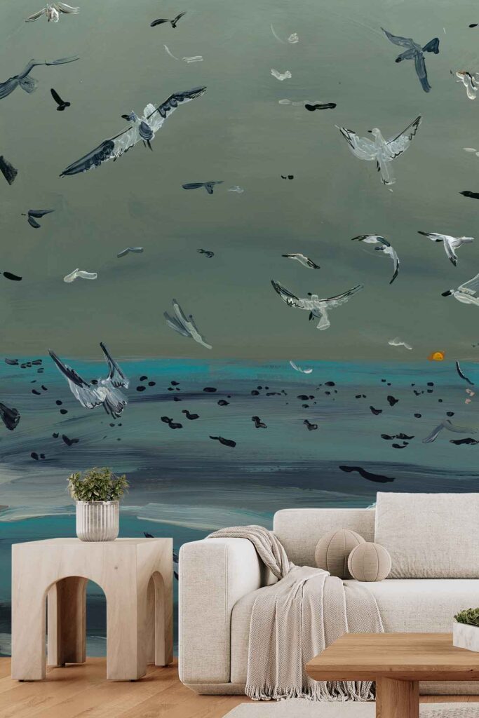 Wallpaper with a mural of flying birds over a blue-green seascape, featuring Summer Palms, black accents, and a small orange sun near the horizon.