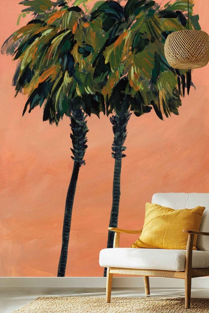 Wallpaper features two tall palm trees set against a warm orange background, creating a tropical mural effect with rich orange hues and green palm leaves.