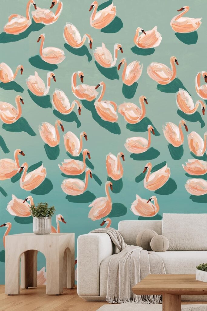 Teal wallpaper features illustrated pink swans and hadedas in flight, each with green shadows. The design showcases vibrant birds and bold color contrasts for a striking, nature-inspired wall art effect.