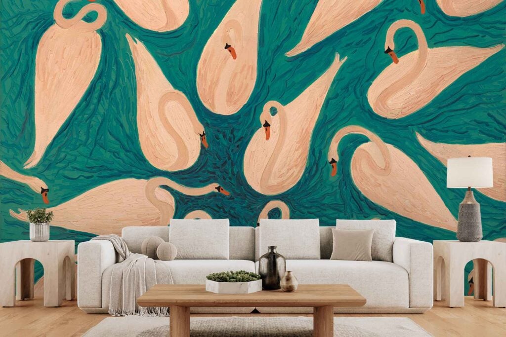 A vibrant wallpaper with stylized, swirling swans and Hadedas in flight across a rich teal background. The mural features dynamic bird forms in white and gray tones, creating an artistic and eye-catching focal point.