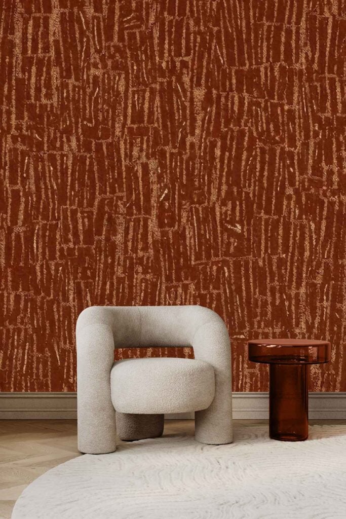 Textured wallpaper with Drip Drip-inspired patterns in reddish-brown hues, featuring abstract designs for a rich and artistic wall effect.