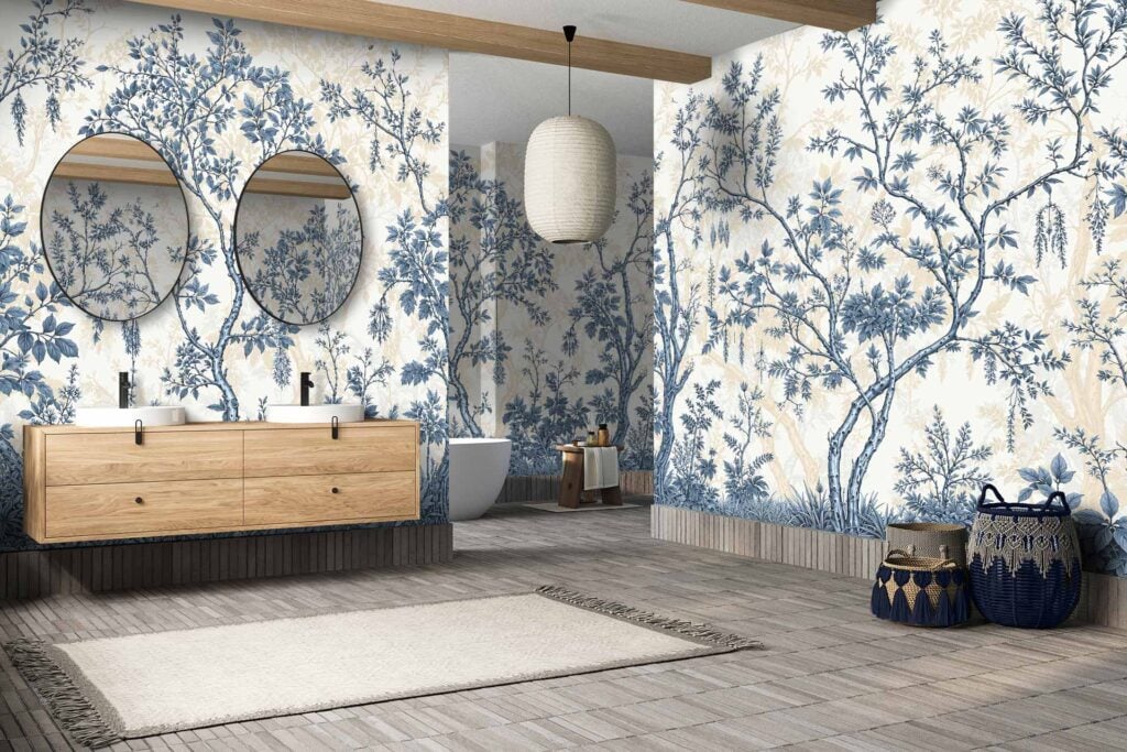 Blue and white botanical wallpaper with detailed leafy and floral patterns, featuring vivid blue tones against a crisp white background. The design creates a striking natural motif, perfect for those searching for bold blue and white botanicals or nature-inspired wall coverings in modern spaces.