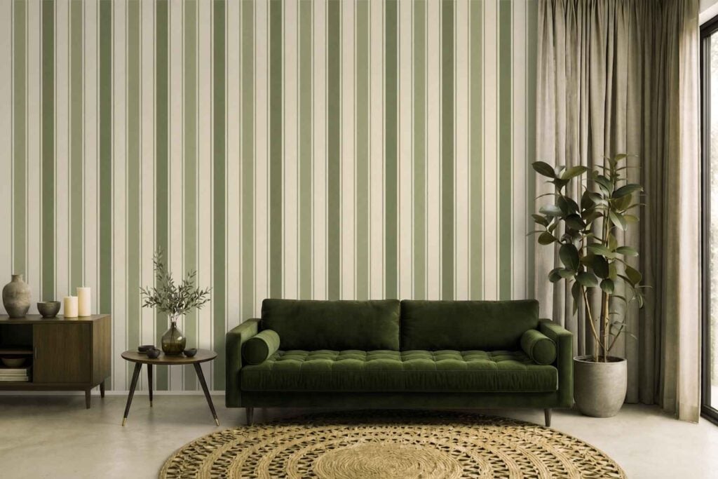The living room features wallpaper with bold vertical green and white stripes, creating a fresh, modern look. The strong lines and contrasting colors of the striped pattern are a standout element in the room’s design.
