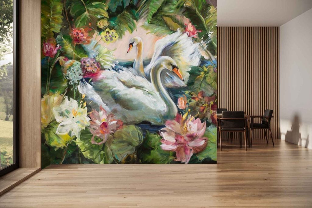 Wallpaper features two swans amidst lush green leaves and vibrant, multicolored flowers. Prominent colors include rich greens, whites, pinks, yellows, and blues.