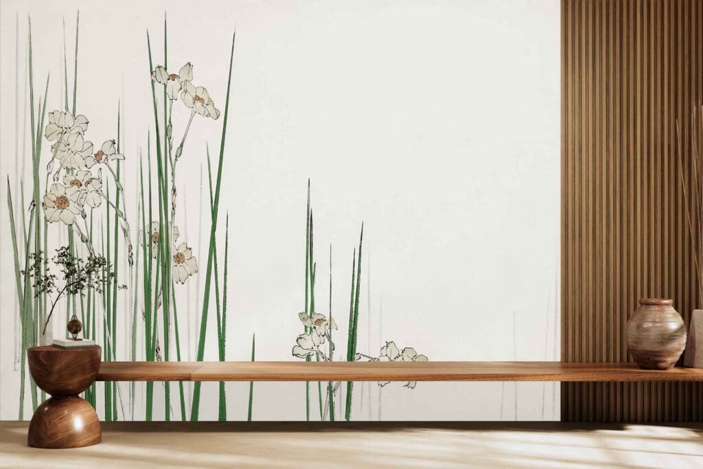 Wallpaper with elegant white flowers and tall green grass, featuring a serene floral mural from Elysian Grove. Predominant colors are white and green, creating a calming nature-inspired look.