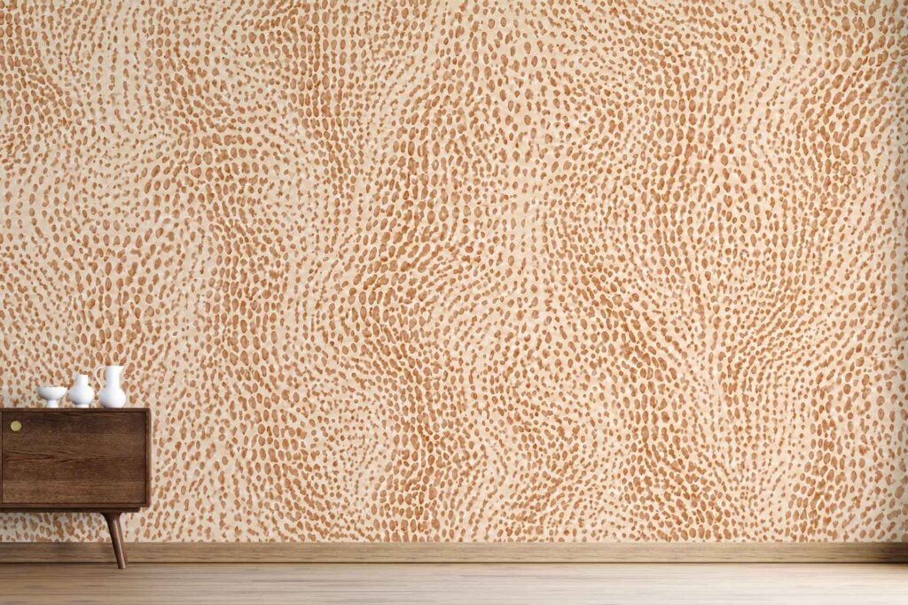 Light beige wallpaper with an abstract brown dotted pattern resembling animal print. The design features scattered brown spots on a pale background, creating a modern and distinctive look.