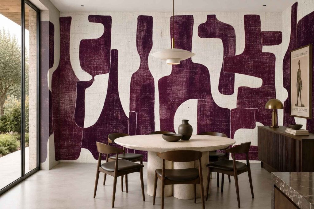 The wallpaper features abstract purple and white patterns, creating a bold, modern backdrop in the dining room. These swirling colors add visual interest and stand out as a focal point against the minimalist décor.