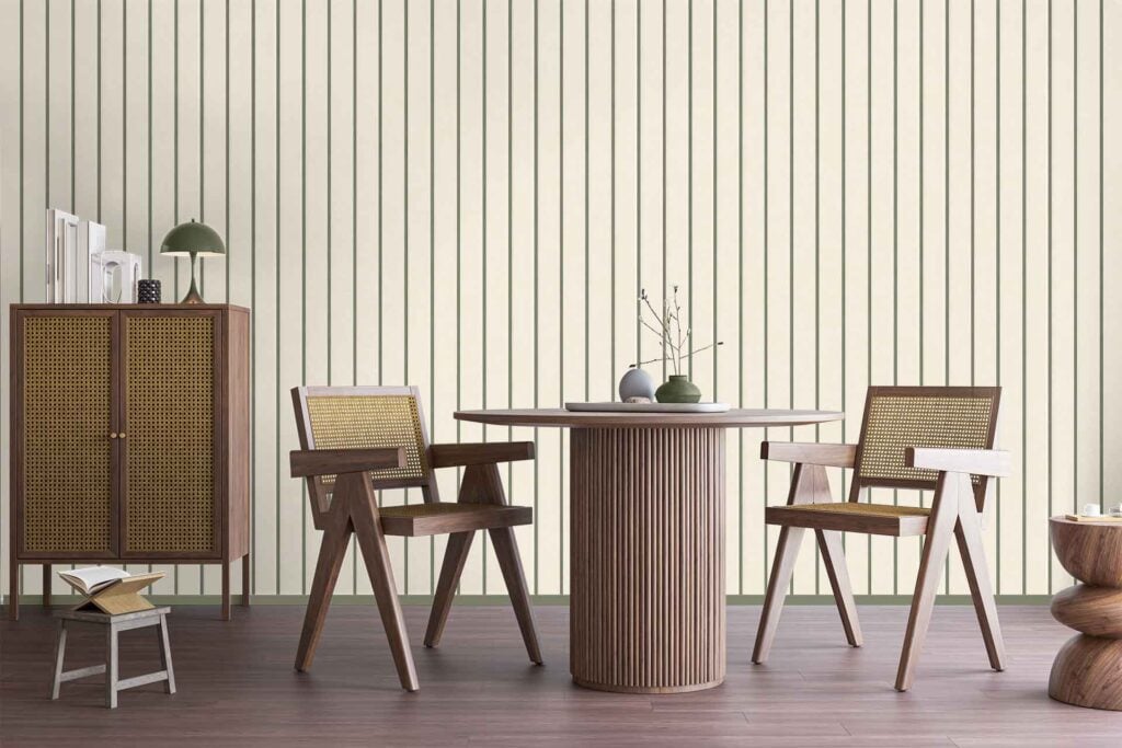 Neutral striped wallpaper with alternating light and beige tones provides a minimalistic, calming backdrop to the dining area, emphasizing subtle vertical lines.