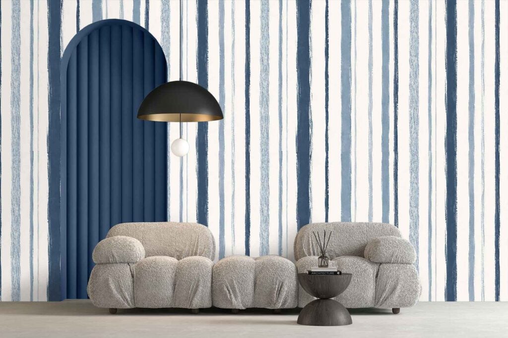 Wallpaper features bold vertical blue and white stripes, creating a minimalist and contemporary look with striking color contrast.