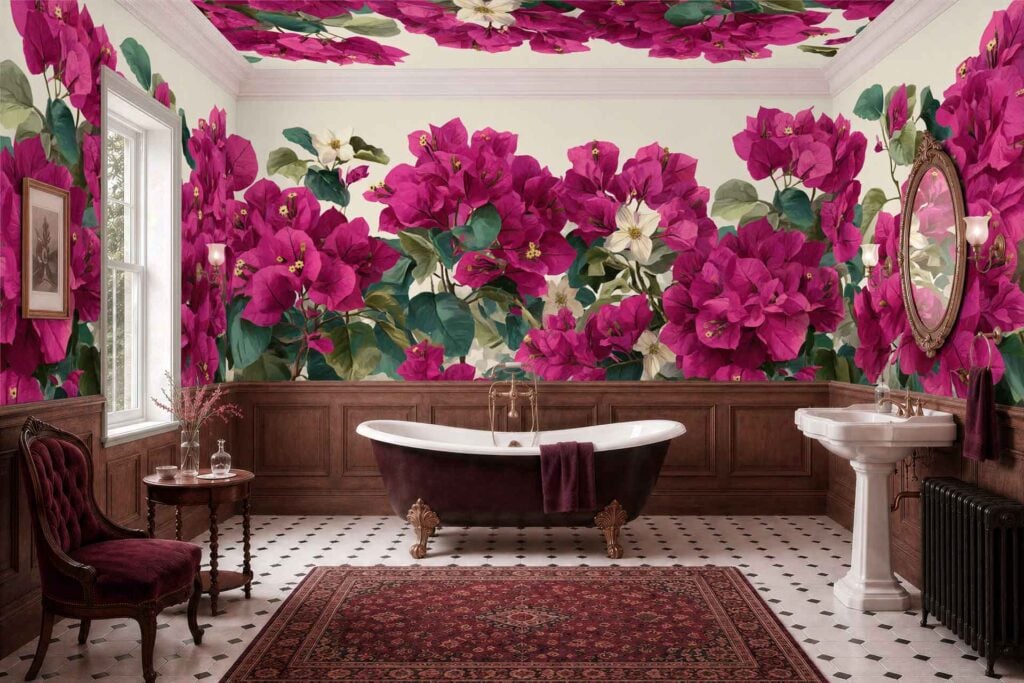 Large pink and white floral wallpaper with bold botanical patterns covers the luxurious bathroom’s walls and ceiling, featuring vivid clusters of oversized petals, leafy accents, and soft blush tones arranged in a repeating design.