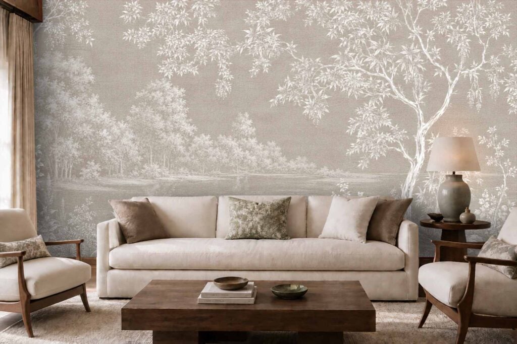 Monochrome wallpaper with scenic landscape, featuring detailed trees and lush foliage in shades of gray, creates an elegant, serene backdrop for the room.