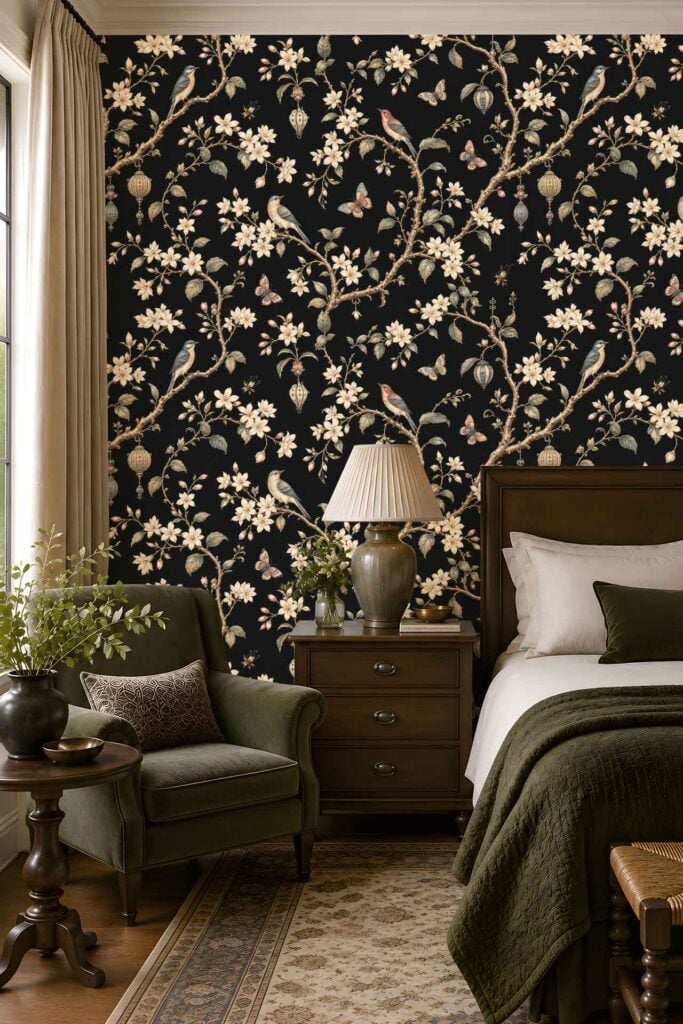 Saffron Cane-patterned wallpaper with dark florals and birds, featuring deep botanical hues and avian motifs. The striking pattern showcases rich colors like black, gold, greens, and subtle reds against a textured backdrop.