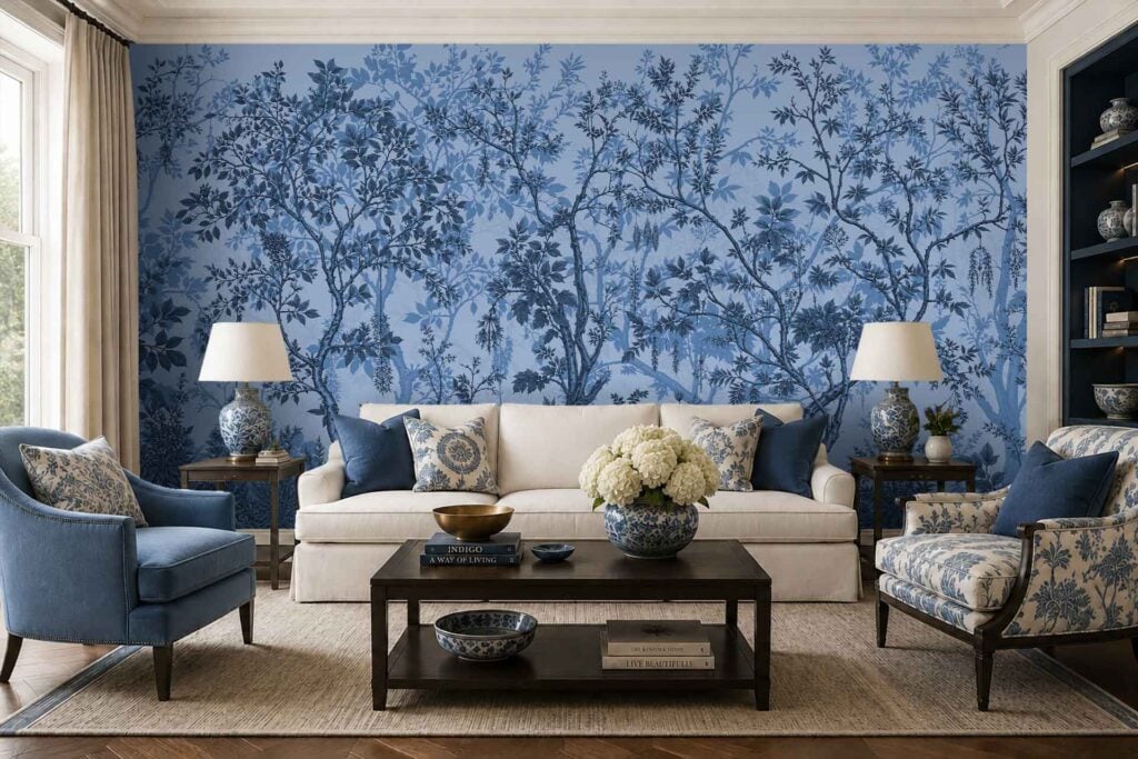 Blue-patterned wallpaper with cream tree silhouettes adds a standout feature to the room. The wallpaper displays intricate cream-colored trees against a bold blue background, bringing botanical style and color contrast to the space.