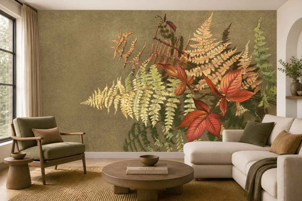 Wall mural features fern leaves and red autumn foliage arranged in a striking, fault-line-like pattern. Nature-inspired elements dominate, with vibrant reds contrasting neutral earth tones for a cozy atmosphere.