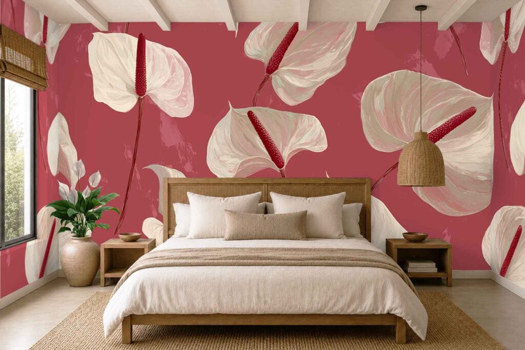 Bold pink floral wallpaper with large, white anthurium flowers and green leaves stands out. The design features vibrant pink background colors and prominent white botanical elements, making the floral motif a central decorative element.