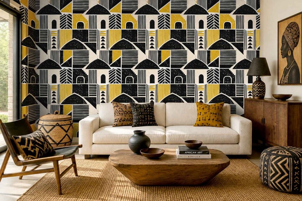 Bold geometric wallpaper in black, white, and yellow with a meander motif dominates the wall. The pattern features striking lines and shapes, making the distinctive colors—black, white, yellow—and geometric design easy to identify for searches.