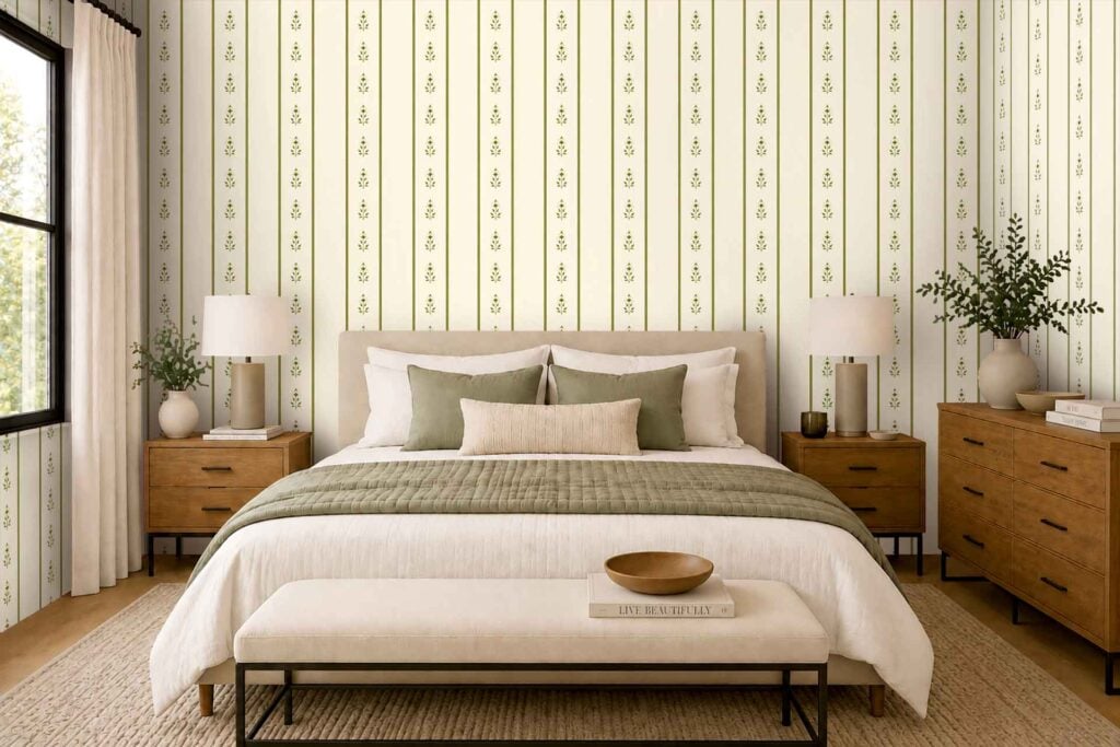 Green-and-white floral wallpaper features large, leafy green patterns and white blossoms, creating a botanical backdrop that stands out in the room.