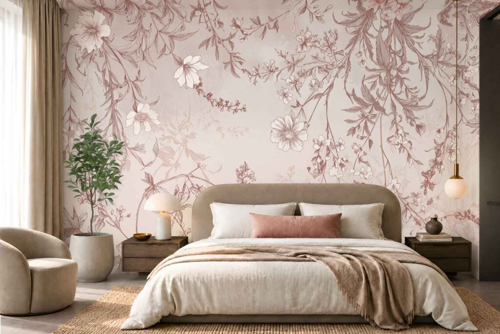 Soft pink floral mural wallpaper with delicate blossom patterns and leafy accents covers the wall, creating an elegant, romantic backdrop in gentle pastel tones.