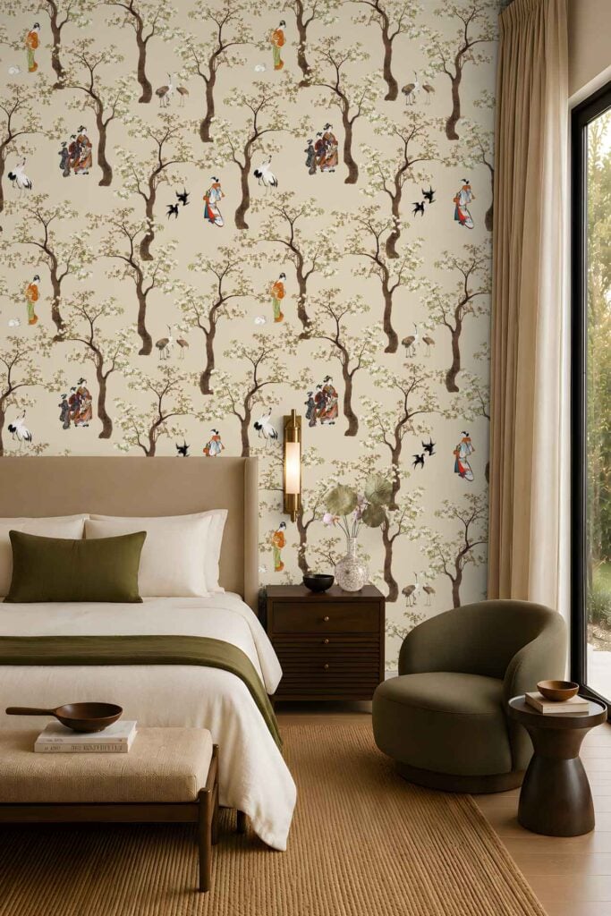 Whimsical wallpaper featuring illustrated trees, colorful accents, and playful figures interacting with mushrooms; outdoor-themed scenes with flutters of green, yellow, and other bright colors.