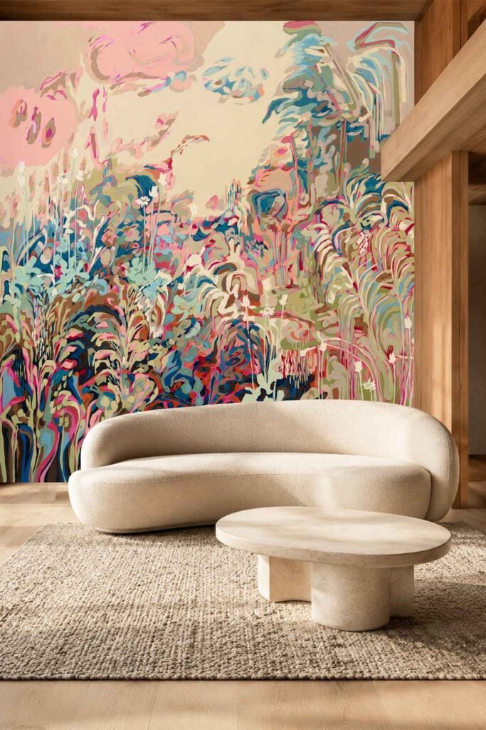 Vibrant abstract mural wallpaper with swirling pastel colors—pink, blue, green, and beige—evokes a lush, whimsical landscape.