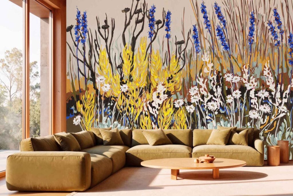 Vibrant wallpaper mural with tall wildflowers in yellow, blue, and white, accented by lush green leaves. Artistic floral patterns create a lively decorative backdrop.