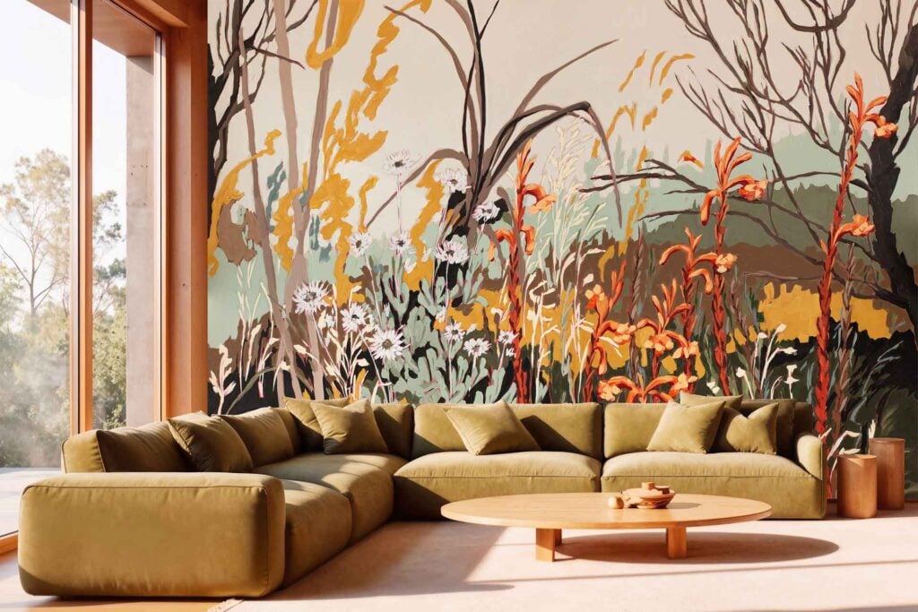 Mural wallpaper with wildflowers, tall grasses, and tree branches in earthy tones like green, brown, and muted red. Features vibrant botanical elements for a natural, colorful look.