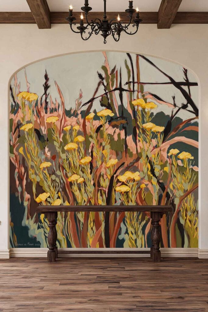 Wallpaper features a mural of yellow wildflowers with green and brown stems, set against an arched wall. The prominent colors are yellow, green, and brown, showcasing natural floral elements ideal for search queries about botanical or flower-themed wall coverings.