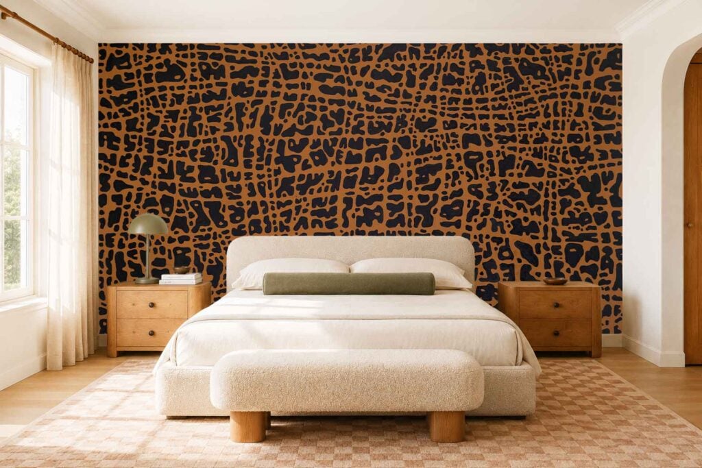 The accent wall displays a bold, abstract wallpaper featuring black and brown patterns. Large, sweeping shapes in dark tones create a dramatic visual effect, making the striking black and brown wallpaper the focal point of the room.