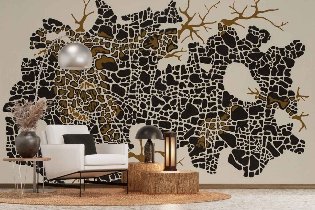 Bold geometric black and brown wall mural with organic, abstract patterns; features striking shapes and earthy tones as a focal point in the room.