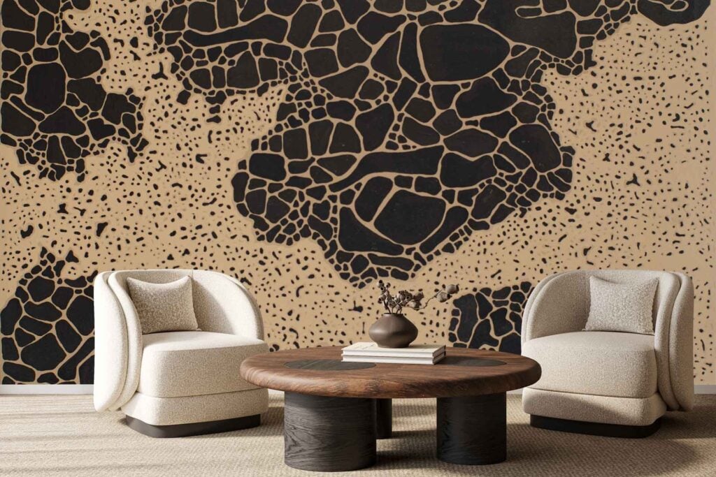 The wallpaper has a beige background with an abstract, irregular black pattern resembling large stones or a giraffe print.