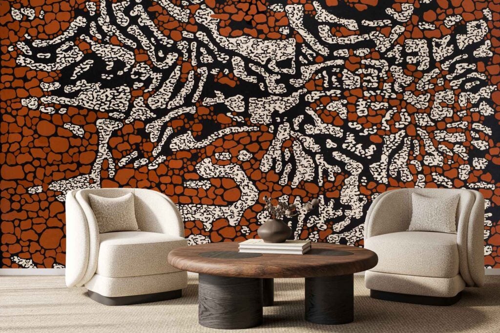 Abstract wallpaper features dense, organic patterns in black, brown, and white. The bold design creates a modern focal point with flowing shapes and contrasting colors.