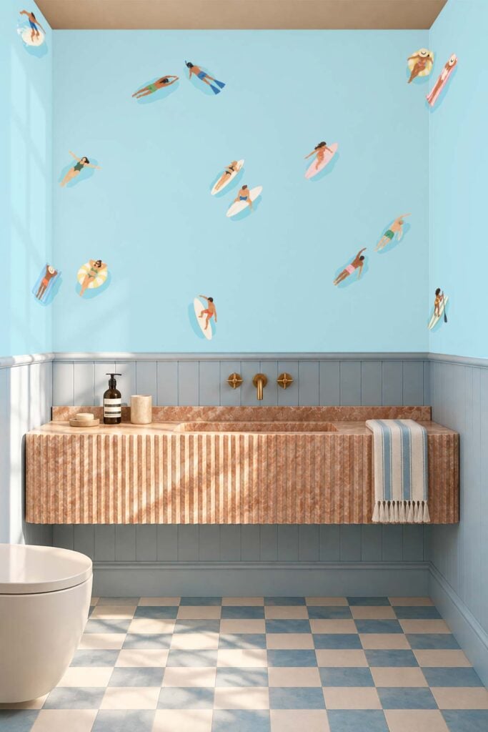 Playful wallpaper with small, illustrated people in bright swimwear relaxing on floaties and surfboards set against a light blue background.