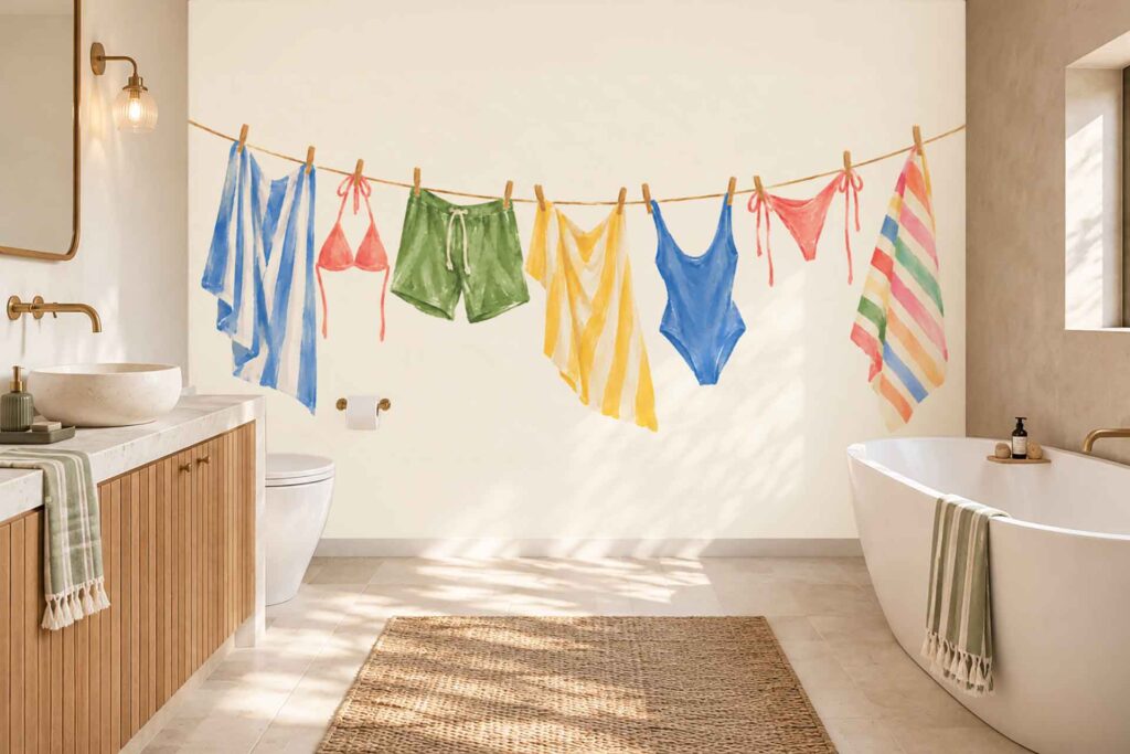 Wall mural features colorful swimsuits, shorts, and towels in bright hues hanging on a clothesline. The design highlights playful elements with pops of red, blue, yellow, and green.