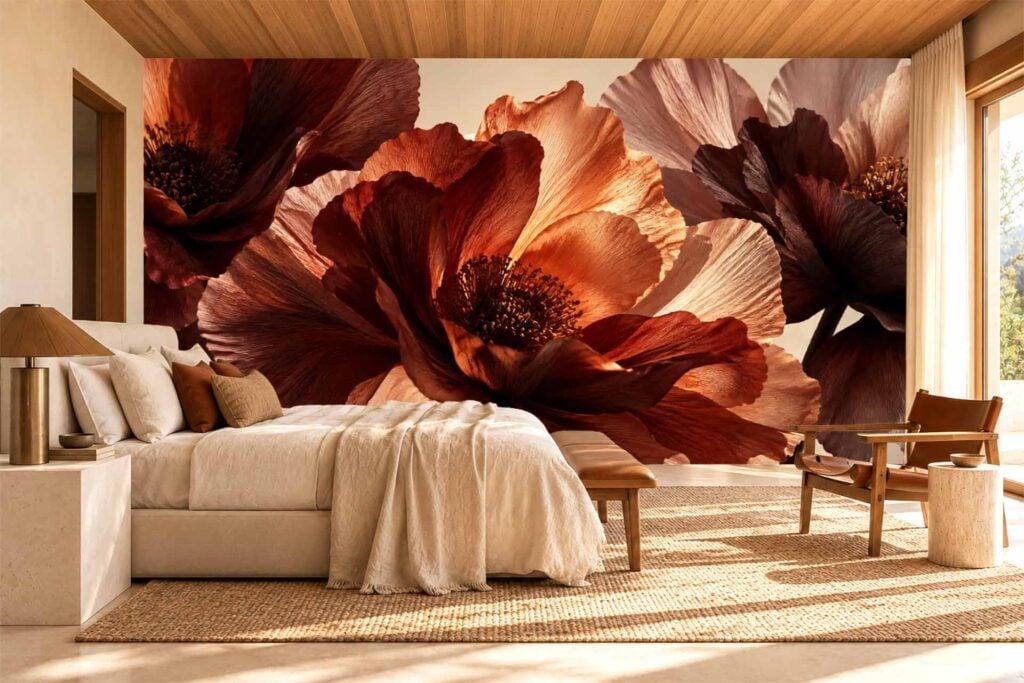 Oversized, detailed floral wallpaper with bold red and orange flowers stands out as a dramatic accent wall. The mural features large flower motifs in vivid hues, making it the focal point of the room’s décor.