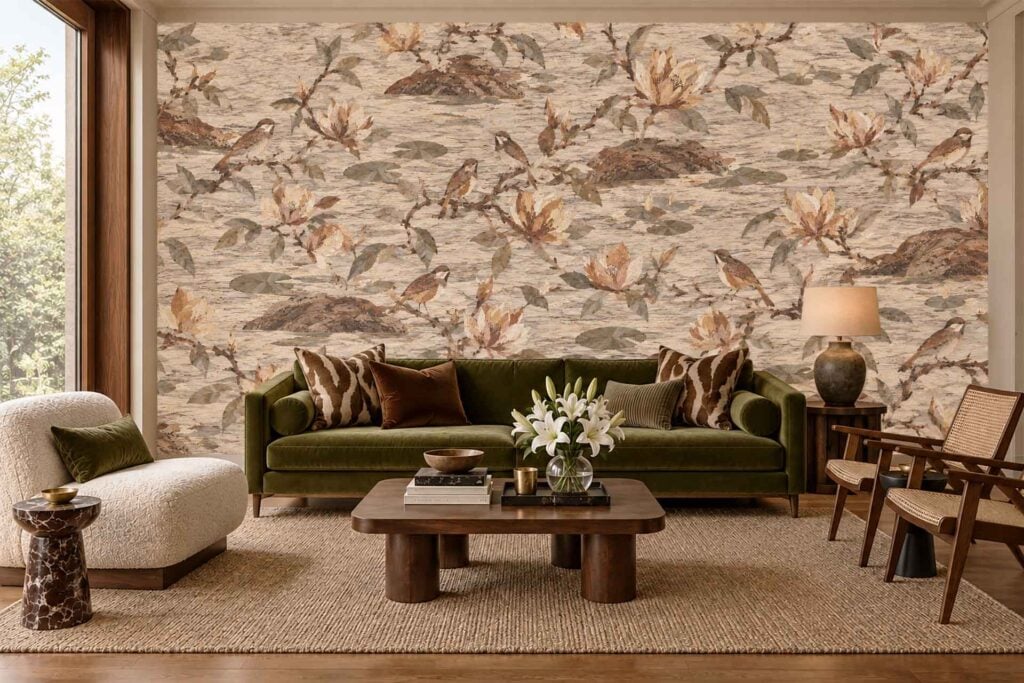 Large wallpaper on the back wall displays floral and bird patterns in soft, neutral tones. Elements include delicate flowers, leaves, and birds rendered in muted creams, beiges, and light grays. The overall design is elegant and calming with detailed botanical motifs amid subtle natural colors.