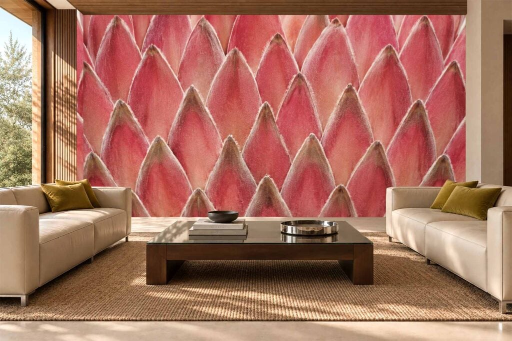 Large patterned wallpaper on the feature wall with bold pink and red colors, resembling a close-up of pineapple skin. Distinct geometric, textured elements in vibrant shades dominate the design.