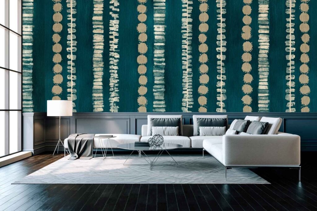 Bold teal wallpaper with vertical rows of beige circles and lines, featuring geometric patterns and striking teal and beige colors.