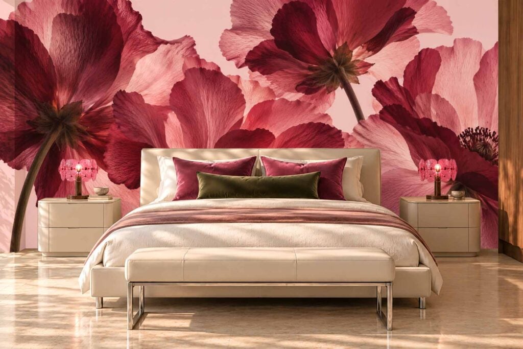 The wallpaper behind the bed is a mural of oversized pink and red flowers, featuring bold floral elements in vivid pink and deep red tones.
