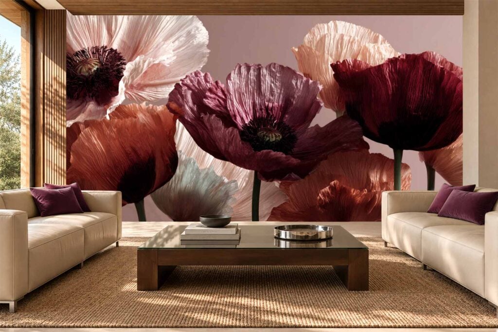 Feature wall wallpaper with large, vibrant poppy flowers in bold shades of red, pink, purple, and white; oversized floral pattern creates an artistic and dramatic backdrop.