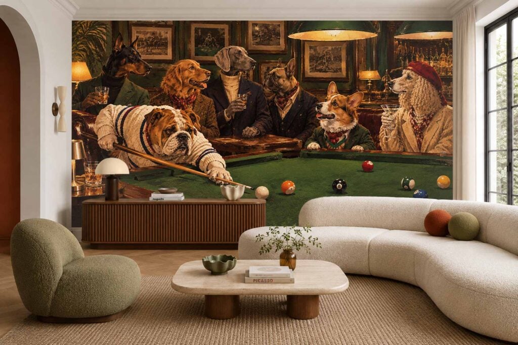 Wallpaper shows dogs in vintage attire playing pool in a classic pub; some hold drinks and chat, one bulldog aims at the table. Rich browns, greens, and muted reds dominate the mural’s palette.