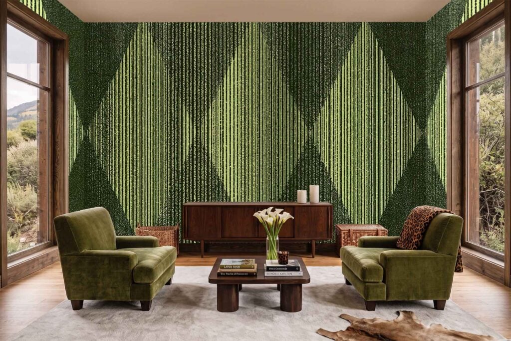 The living room features a striking geometric green accent wall, showcasing bold angular shapes in varying shades of green. The pattern and lush color palette create a modern focal point that stands out amid the decor.